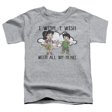 Athletic heather kid's t-shirt for ages 4 to 7 with Dragon Tales I Wish With All My Heart graphic