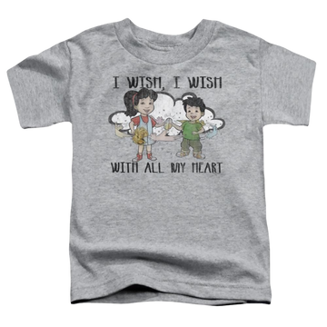 Athletic heather toddler t-shirt with Dragon Tales I Wish With All My Heart graphic