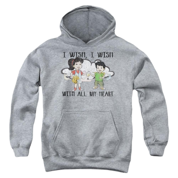 Athletic heather youth hoodie for ages 8 to 12 with Dragon Tales I Wish With All My Heart graphic