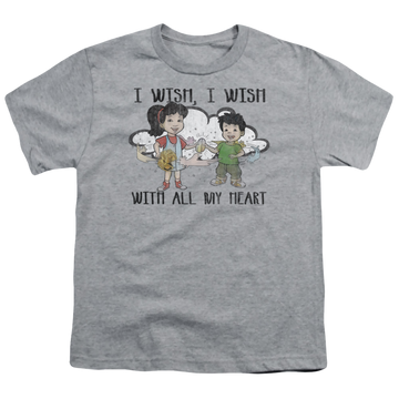 Athletic heather youth t-shirt for ages 8 to 12 with Dragon Tales I Wish With All My Heart graphic