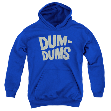 Royal youth hoodie for ages 8 to 12 with Dum Dums Distressed Logo graphic