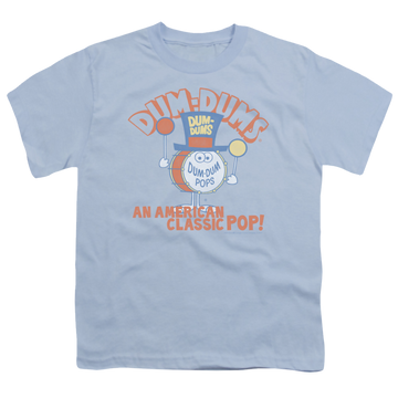 Light blue youth t-shirt for ages 8 to 12 with Dum Dums Classic Pop graphic
