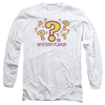 White men's long sleeve t-shirt with Dum Dums Mystery Flavor graphic