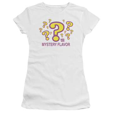 White juniors t-shirt with Dum Dums Mystery Flavor graphic