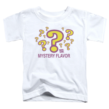 White kid's t-shirt for ages 4 to 7 with Dum Dums Mystery Flavor graphic