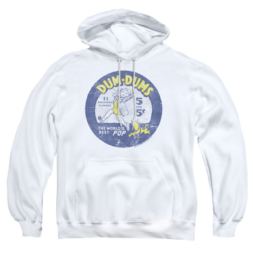 White pullover hoodie with Dum Dums Pop Parade graphic