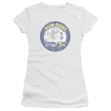 White juniors t-shirt with Dum Dums Pop Parade graphic