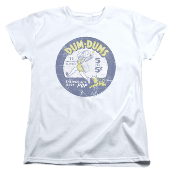 White women's t-shirt with Dum Dums Pop Parade graphic