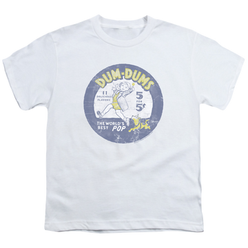 White youth t-shirt for ages 8 to 12 with Dum Dums Pop Parade graphic