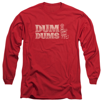 Red men's long sleeve t-shirt with Dum Dums Worlds Best graphic