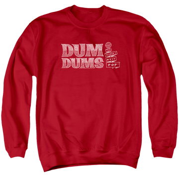 Red men's crewneck sweatshirt with Dum Dums World's Best graphic