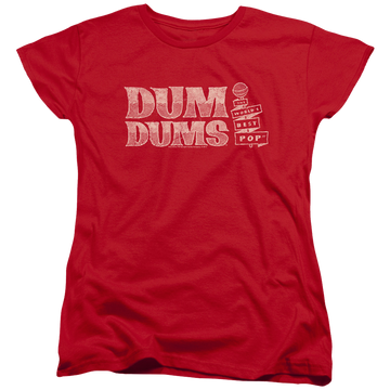Red women's t-shirt with Dum Dums Worlds Best graphic