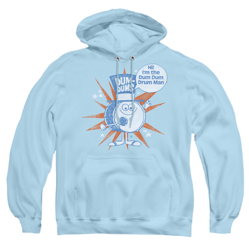 Light blue pullover hoodie with Dum Dums Dum-Dums Drum Man graphic