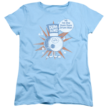 Light blue women's t-shirt with Dum Dums Drum Man graphic
