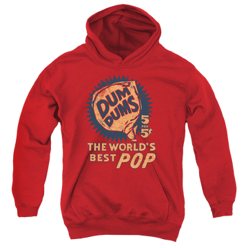 Red youth hoodie for ages 8 to 12 with Dum Dums 5 For 5 graphic