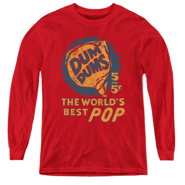 Red youth long sleeve t-shirt with Dum Dums Dum-Dums 5 For 5 graphic