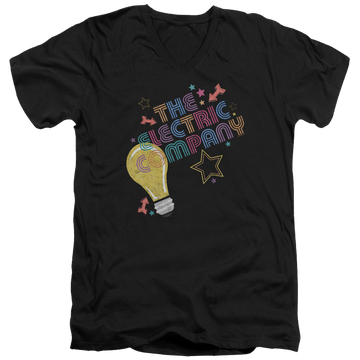 Black men's v-neck t-shirt with Electric Company Electric Light graphic