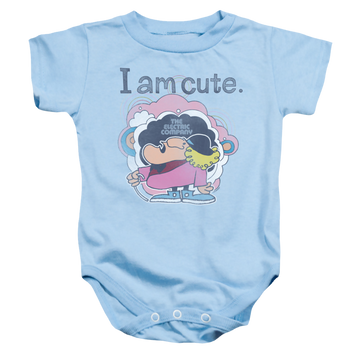 Light blue baby bodysuit with Electric Company I Am Cute graphic
