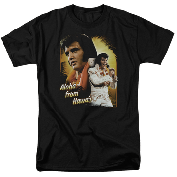 Black men's regular fit t-shirt with Elvis Presley Aloha graphic