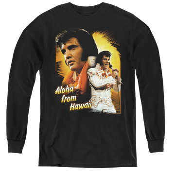 Black youth long sleeve t-shirt with Elvis Presley Aloha graphic