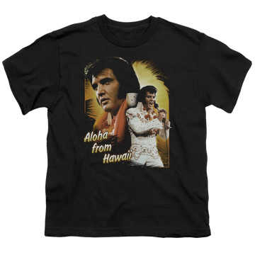 Black youth t-shirt for ages 8 to 12 with Elvis Presley Aloha graphic