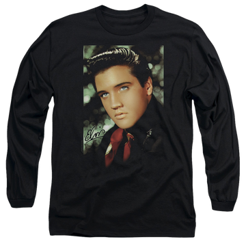 Black men's long sleeve t-shirt with Elvis Presley Red Scarf graphic