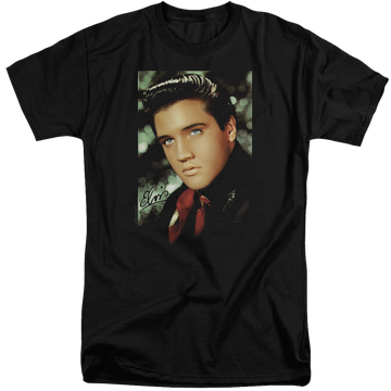 Black men's tall fit t-shirt with Elvis Presley Red Scarf graphic