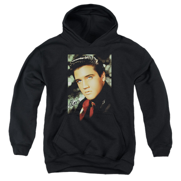 Black youth hoodie for ages 8 to 12 with Elvis Presley Red Scarf graphic
