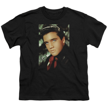 Black youth t-shirt for ages 8 to 12 with Elvis Presley Red Scarf graphic