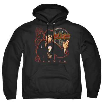 Black pullover hoodie with Elvis Presley Karate graphic