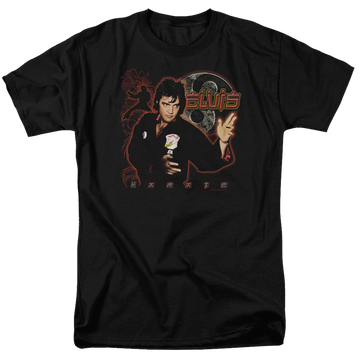 Black men's regular fit t-shirt with Elvis Presley Karate graphic