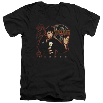 Black men's v-neck t-shirt with Elvis Presley Karate graphic