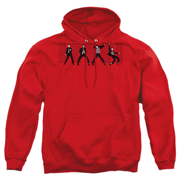 Red pullover hoodie with Elvis Presley Jailhouse Rock graphic