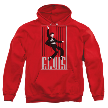 Red pullover hoodie with Elvis Presley One Jailhouse graphic