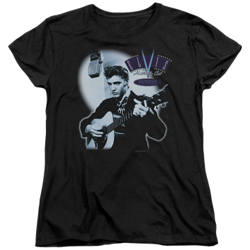 Black women's t-shirt with Elvis Presley Hillbilly Cat graphic