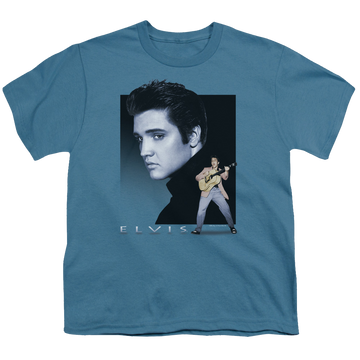 Slate youth t-shirt for ages 8 to 12 with Elvis Presley Blue Rocker graphic