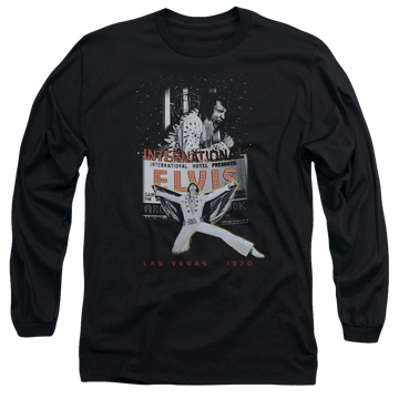 Black men's long sleeve t-shirt with Elvis Presley Las Vegas graphic