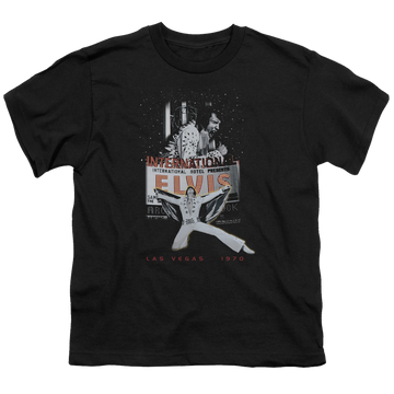 Black youth t-shirt for ages 8 to 12 with Elvis Presley Las Vegas graphic