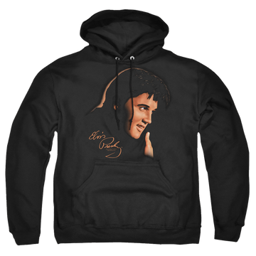 Black pullover hoodie with Elvis Presley Warm Portrait graphic