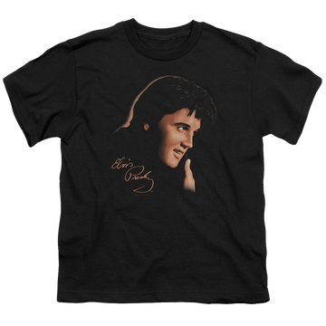 Black youth t-shirt for ages 8 to 12 with Elvis Presley Warm Portrait graphic