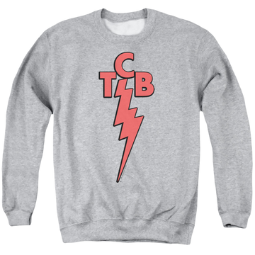 Athletic heather men's crewneck sweatshirt with Elvis Presley Tcb graphic
