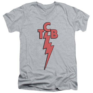 Athletic heather men's v-neck t-shirt with Elvis Presley Tcb graphic