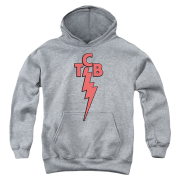 Athletic heather youth hoodie for ages 8 to 12 with Elvis Presley Tcb graphic