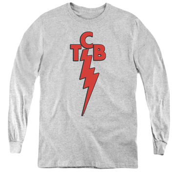 Athletic heather youth long sleeve t-shirt with Elvis Presley Tcb graphic