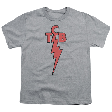 Athletic heather youth t-shirt for ages 8 to 12 with Elvis Presley Tcb graphic