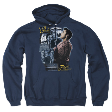 Navy pullover hoodie with Elvis Presley Tupelo graphic