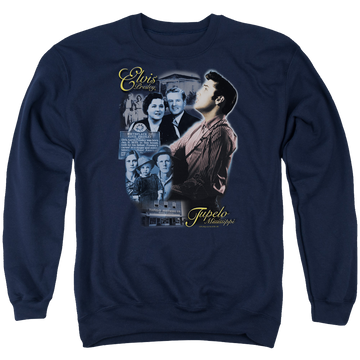 Navy men's crewneck sweatshirt with Elvis Presley Tupelo graphic
