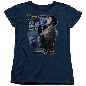 Navy women's t-shirt with Elvis Presley Tupelo graphic