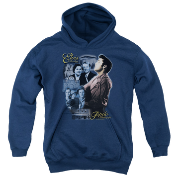 Navy youth hoodie for ages 8 to 12 with Elvis Presley Tupelo graphic