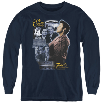 Navy youth long sleeve t-shirt with Elvis Presley Tupelo graphic